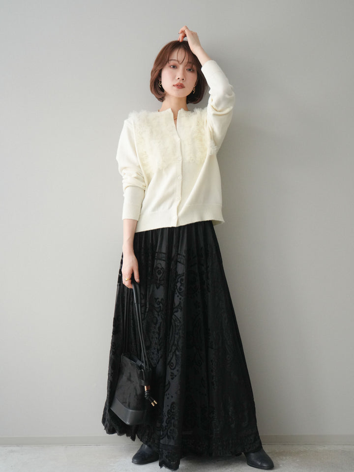 [SET]チュールフリルニットカーディガン+アンティーク柄フロッキーマキシスカート(2set)