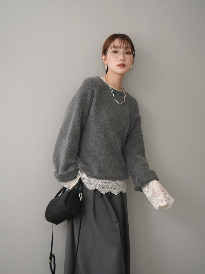 [SET]アンゴラタッチクルーネックニットプルオーバー+チュールレーストップス(2set)