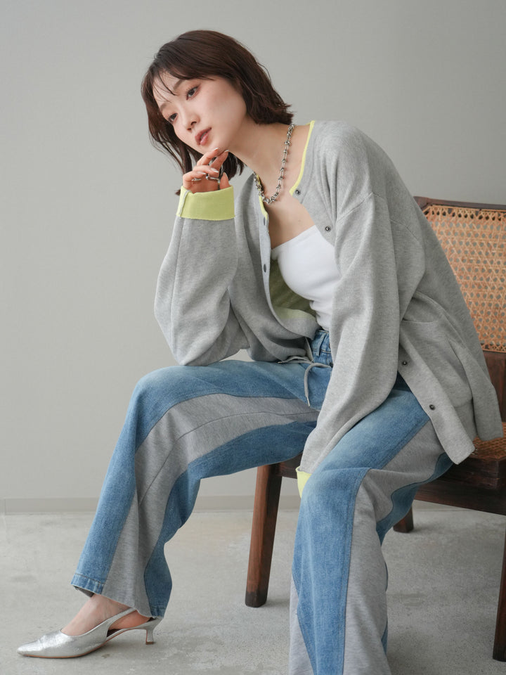 [SET]バイカラーオーバーニットカーディガン+デニム切替スウェットパンツ(2set)