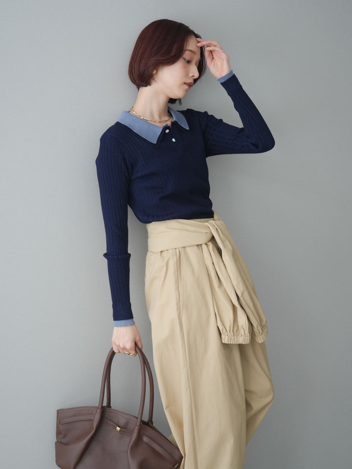 [予約]ダブル襟ポロリブニットトップス/navy