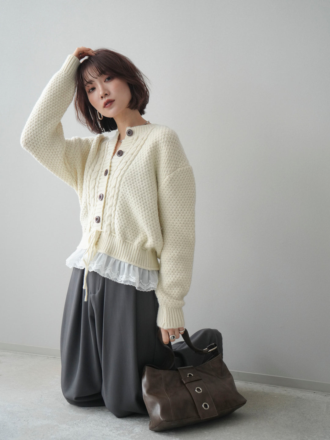 [SET]裾レースケーブルニットカーディガン+ベルトループデザインワイドパンツ(2set)