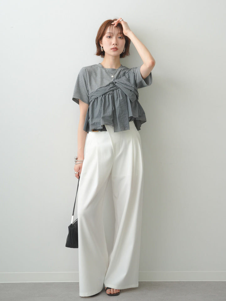 [SET]ナイロンドッキングツイストTEE +アシンメトリーベルトタックワイドパンツ(2set)