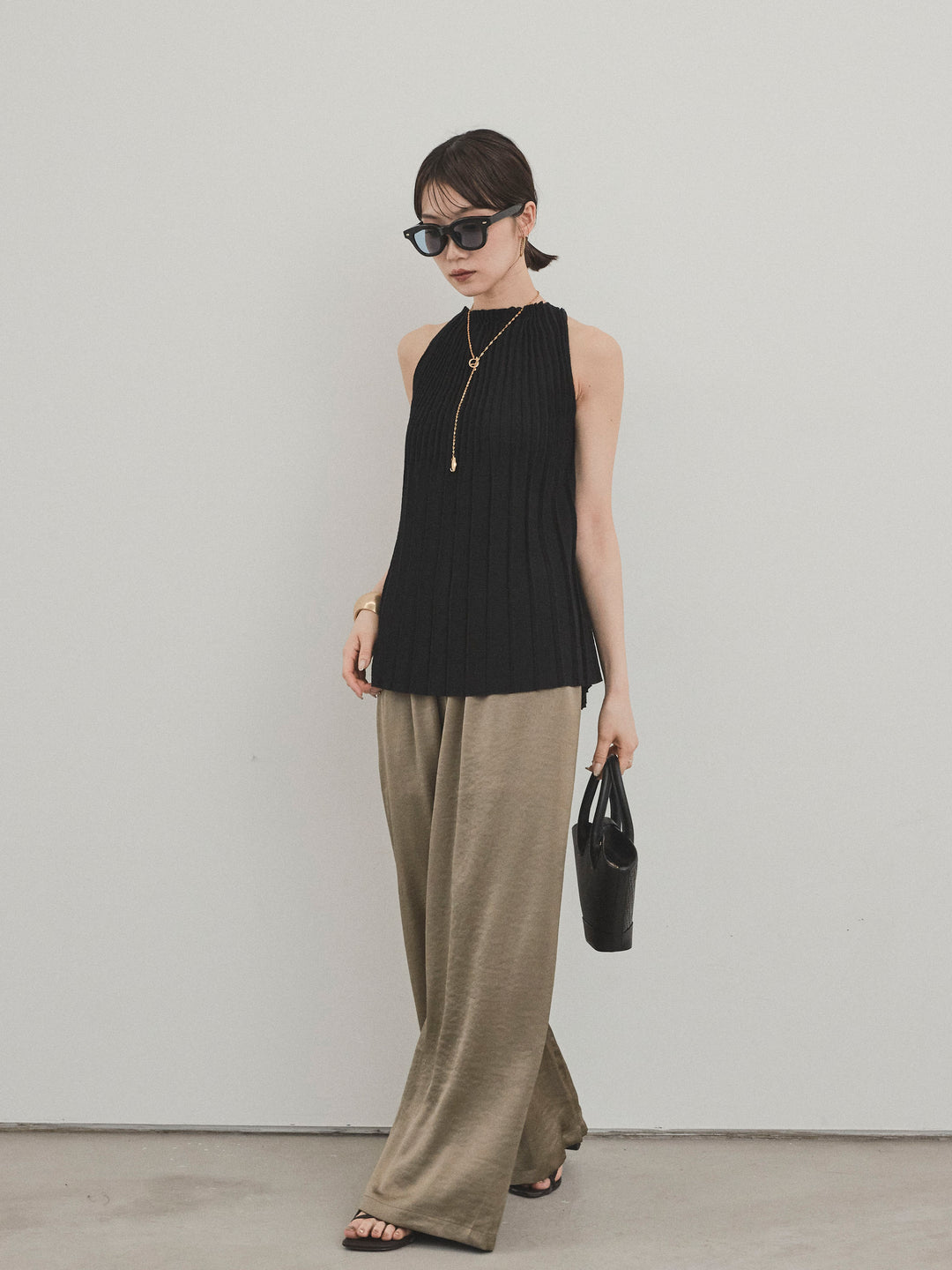[SET]プリーツニットキャミソール+サテンイージーパンツ(2set)