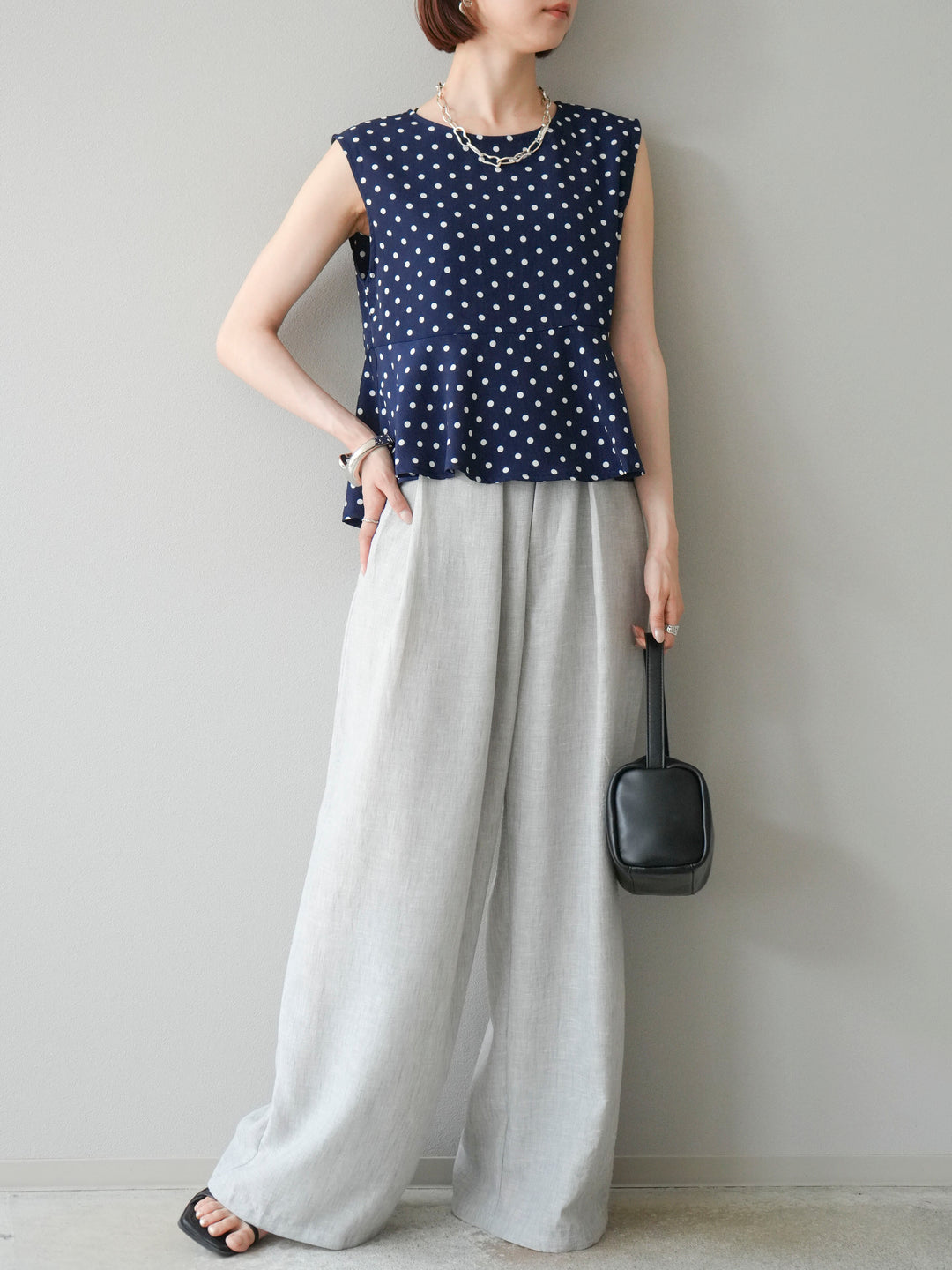 [予約]リネンライクベルト付タックループワイドパンツ/ライトグレー