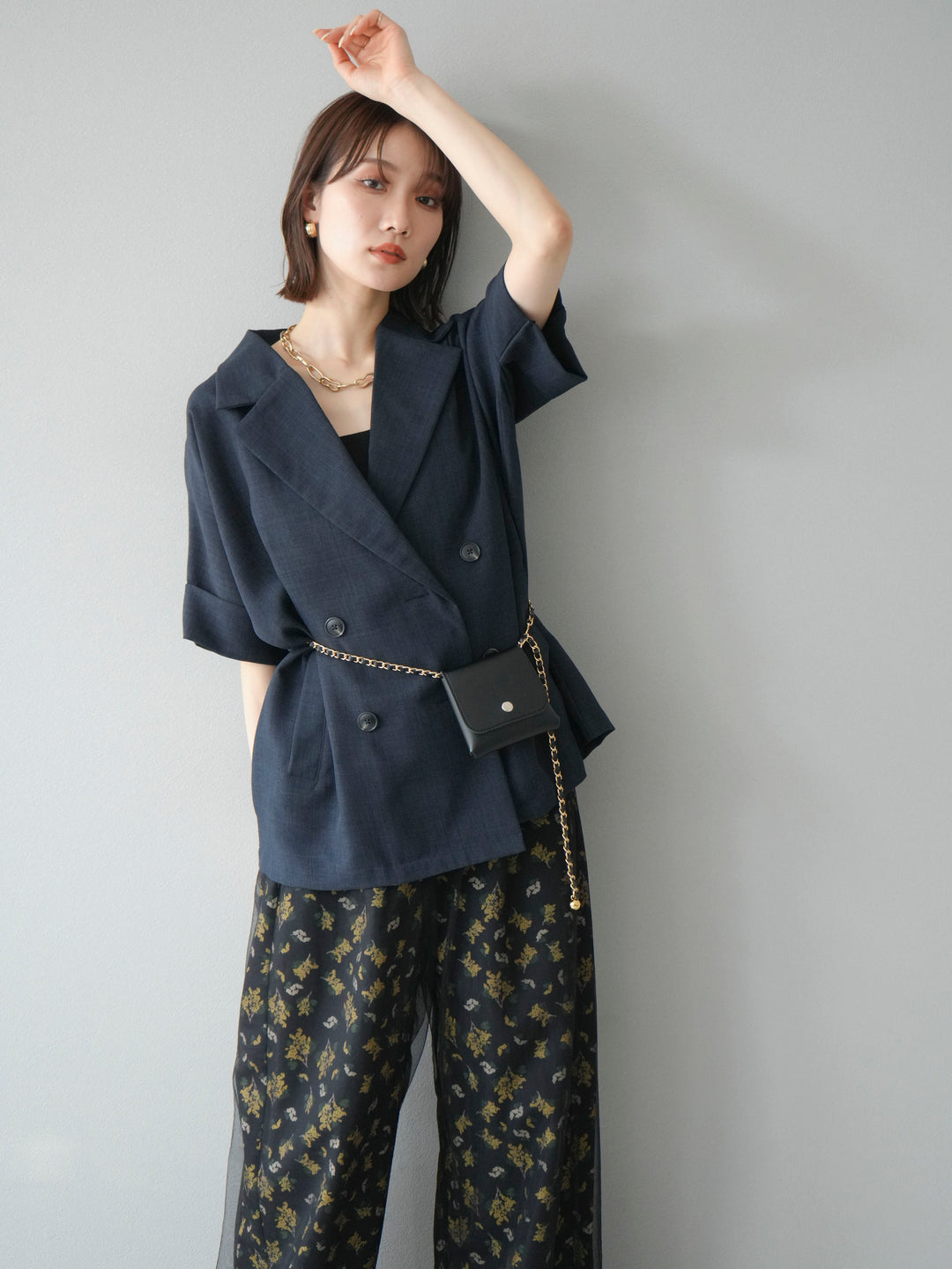 [SET]リネンライクハーフテーラードジャケット+コード刺繍チュールレイヤードパンツ(2set)