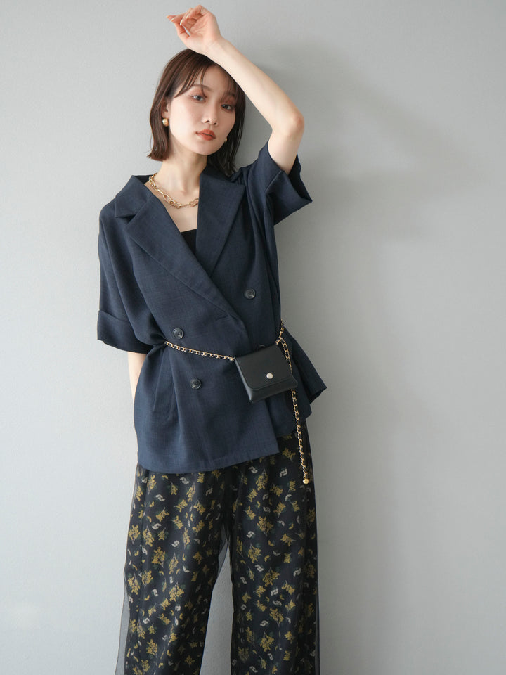 [SET]リネンライクハーフテーラードジャケット+コード刺繍チュールレイヤードパンツ(2set)
