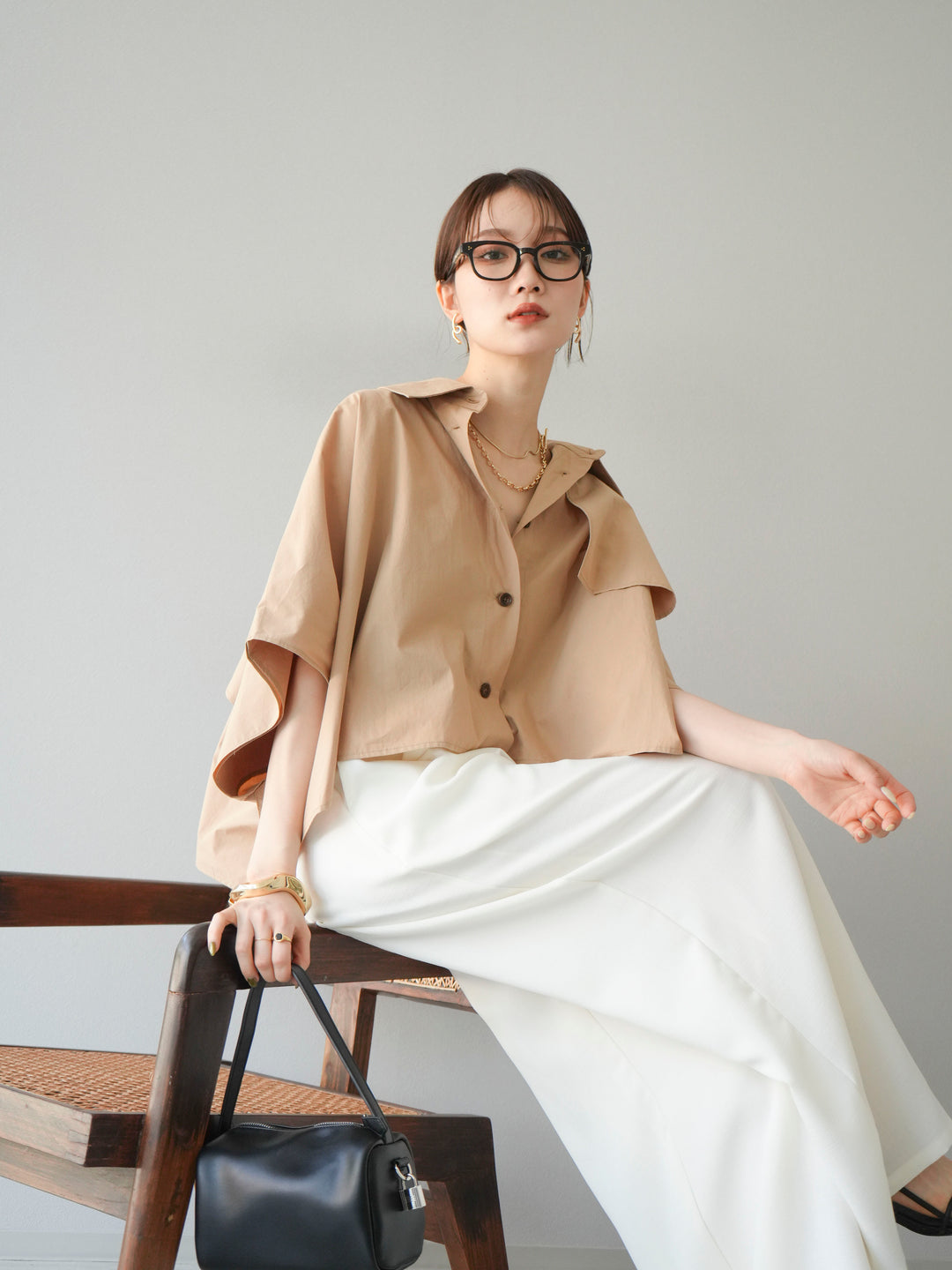 [SET]ポンチョショートシャツ+リネンライクイージーワイドパンツ(2set)