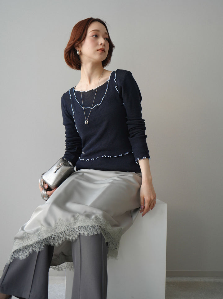 [SET]センターシームフレアパンツ+サテンライクアシメレーススカート(2set)