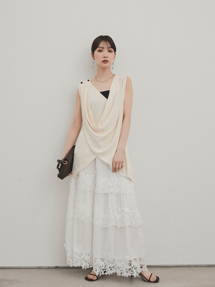 [SET]ドライタッチドレープニットプルオーバー+スカラップレースロングスカート(2set)