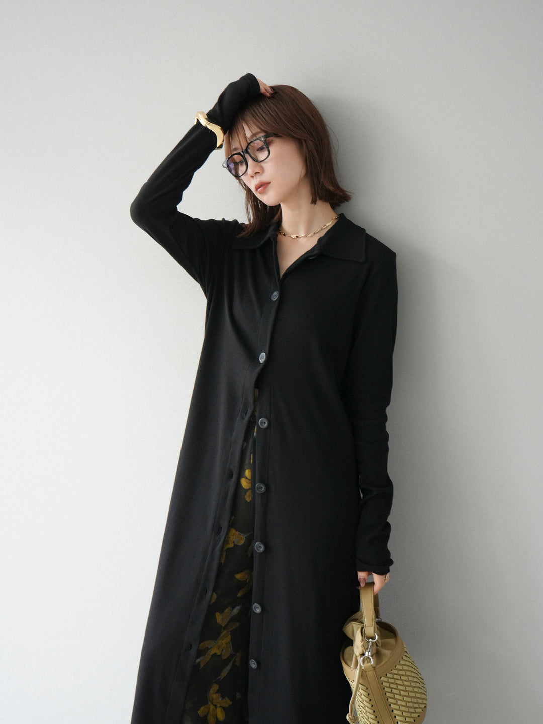 [SET]襟付きカットリブボタンワンピース+フラワープリントチュールレイヤードパンツ(2set)