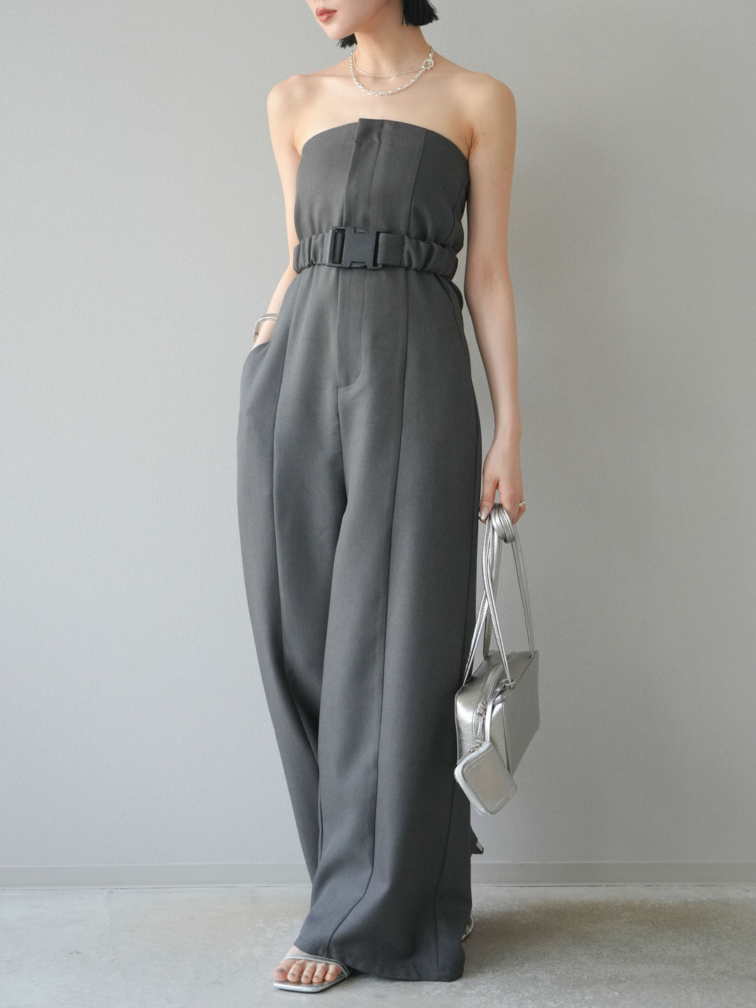 【預購】混色斜紋腰帶熊圖案工裝褲/炭灰色