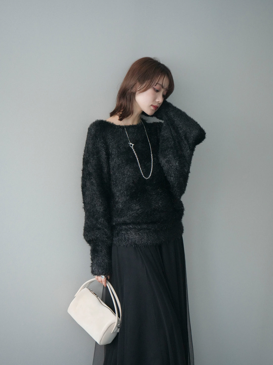 [予約]ラメシャギードルマンニットプルオーバー/black