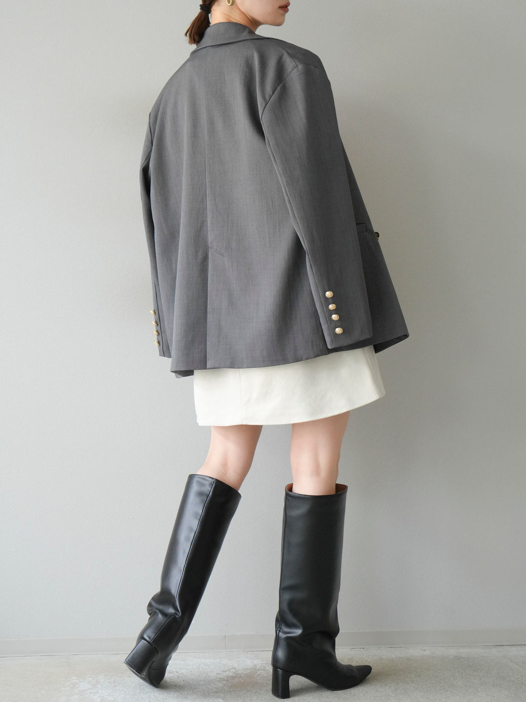 [SET]ゴールドボタンツイルダブルテーラードジャケット+ショルダーポーチ付スウェードミニワンピース(2set)