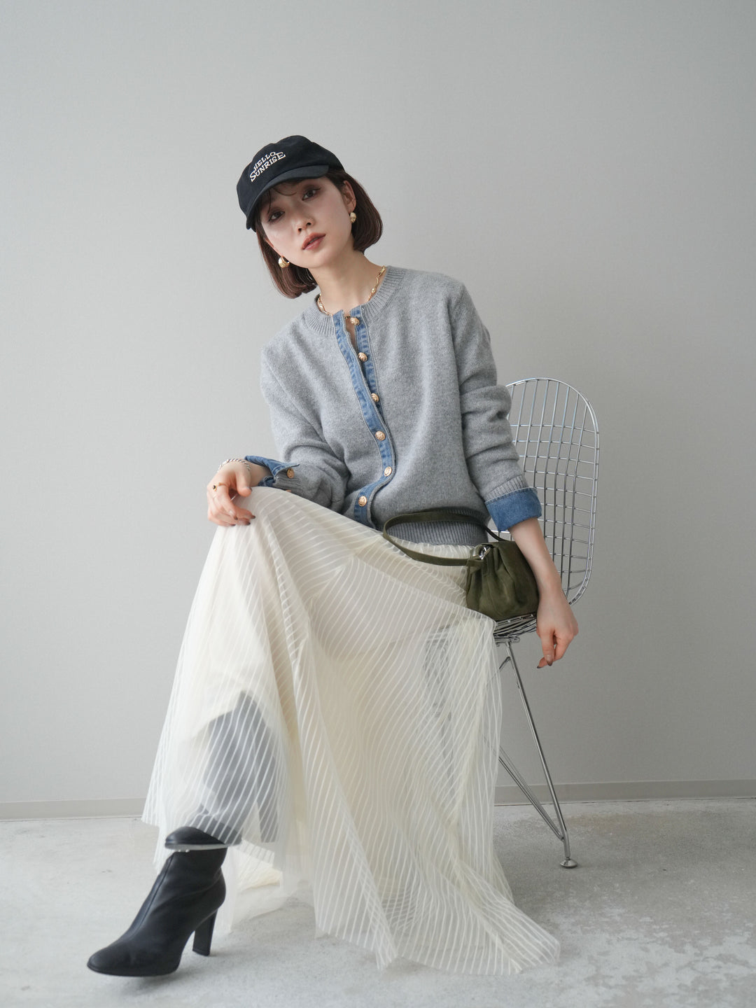 [SET]クルーネックデニムドッキングニットカーディガン+選べるアクセセット(2set)