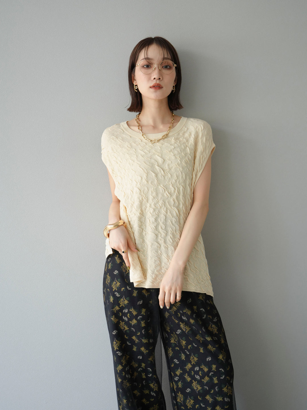 [SET]ポコポコノースリーブニットプルオーバー+コード刺繍チュールレイヤードパンツ(2set)