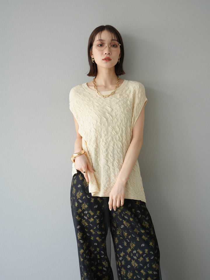 [SET]ポコポコノースリーブニットプルオーバー+コード刺繍チュールレイヤードパンツ(2set)