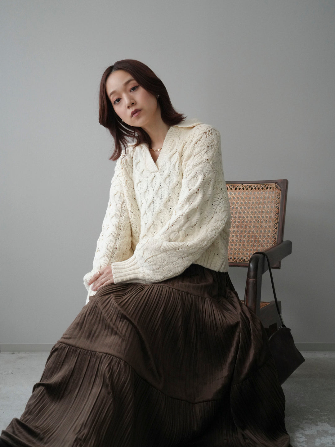 [SET]バルキーケーブルクロップド開襟プルオーバー+ベロアティアードワッシャースカート(2set)