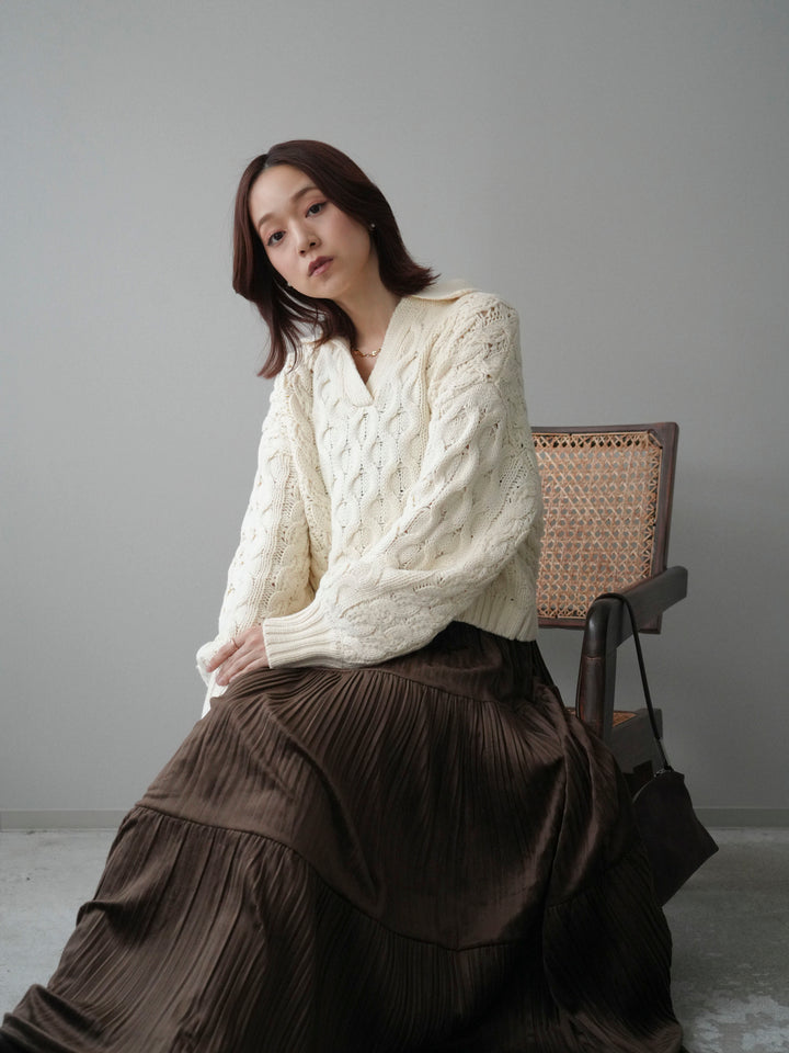[SET]バルキーケーブルクロップド開襟プルオーバー+ベロアティアードワッシャースカート(2set)