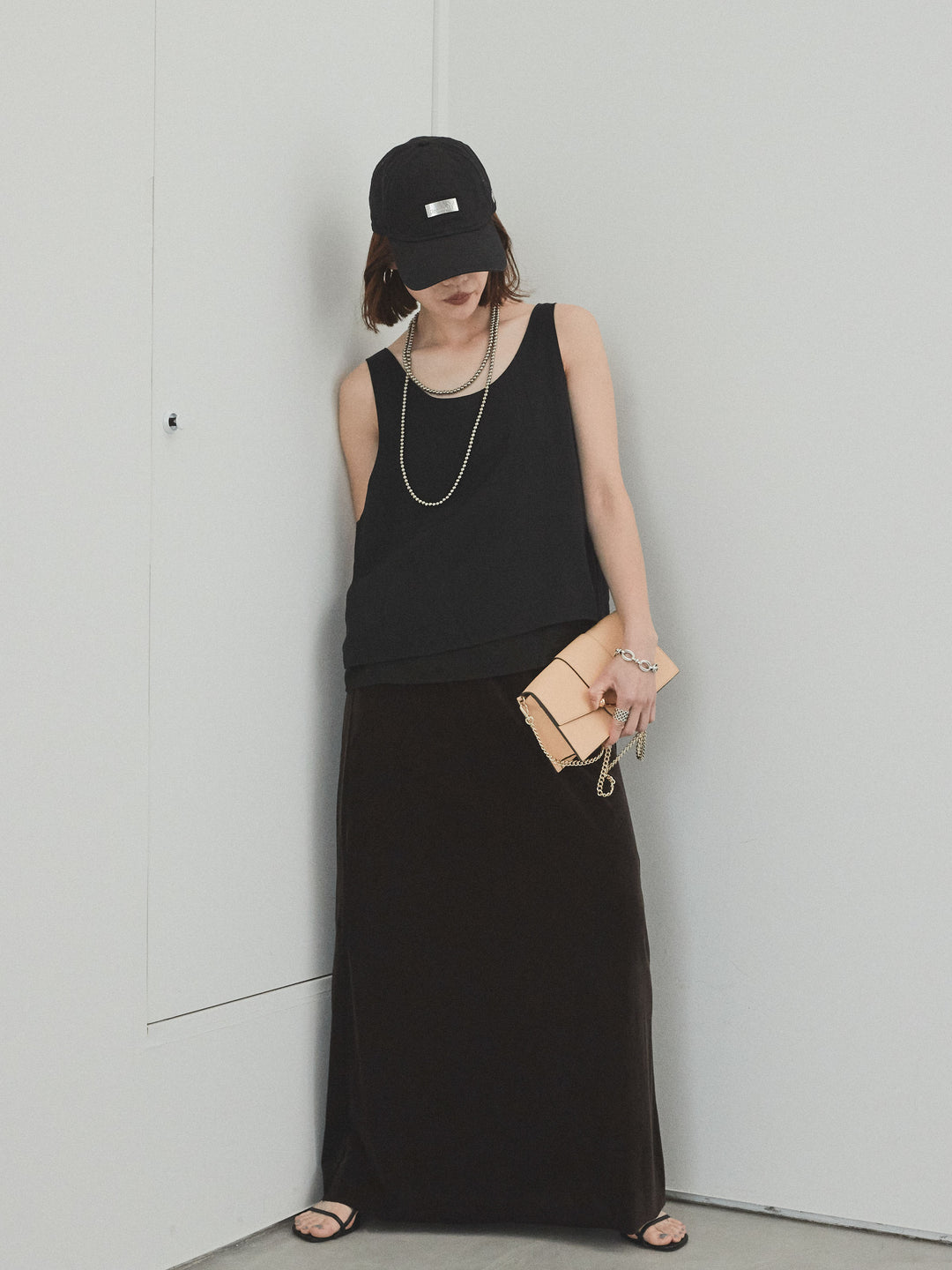 [SET]ワッシャーサテンシアーレイヤードタンクトップ+ベロアナロースカート(2set)