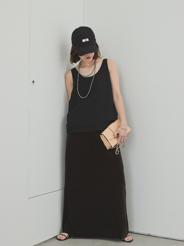 [SET]ワッシャーサテンシアーレイヤードタンクトップ+ベロアナロースカート(2set)