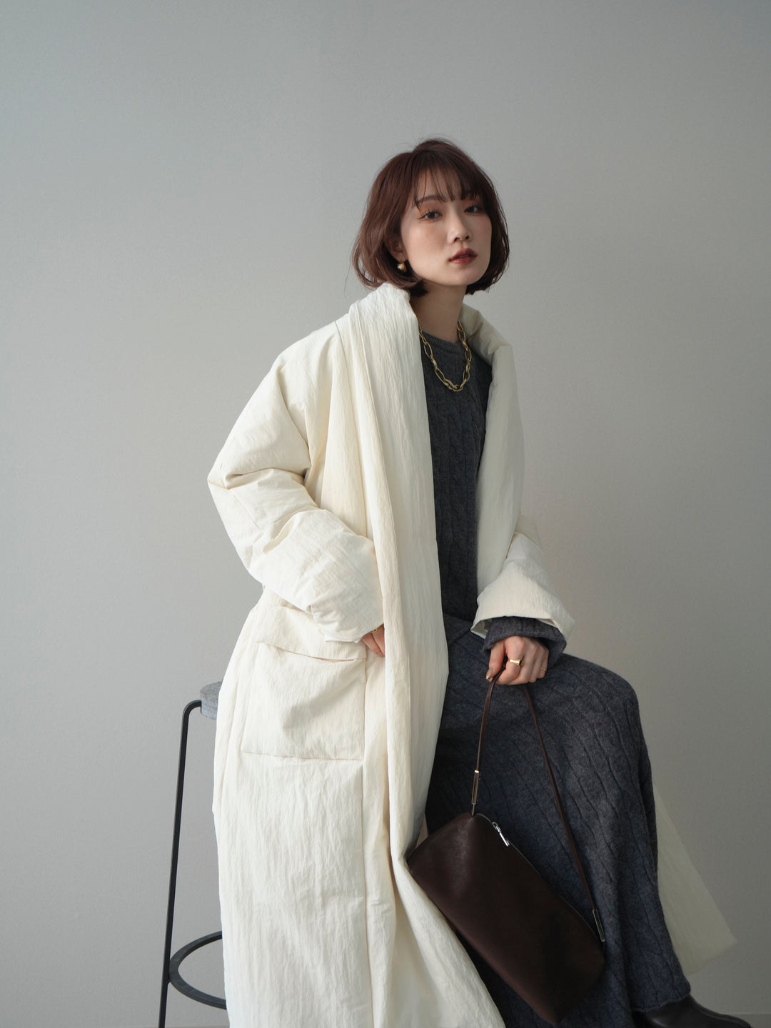 [SET]ストール付ケーブルニットプルオーバー&ロングスカートSET UP+ロングダウンコート(2set)