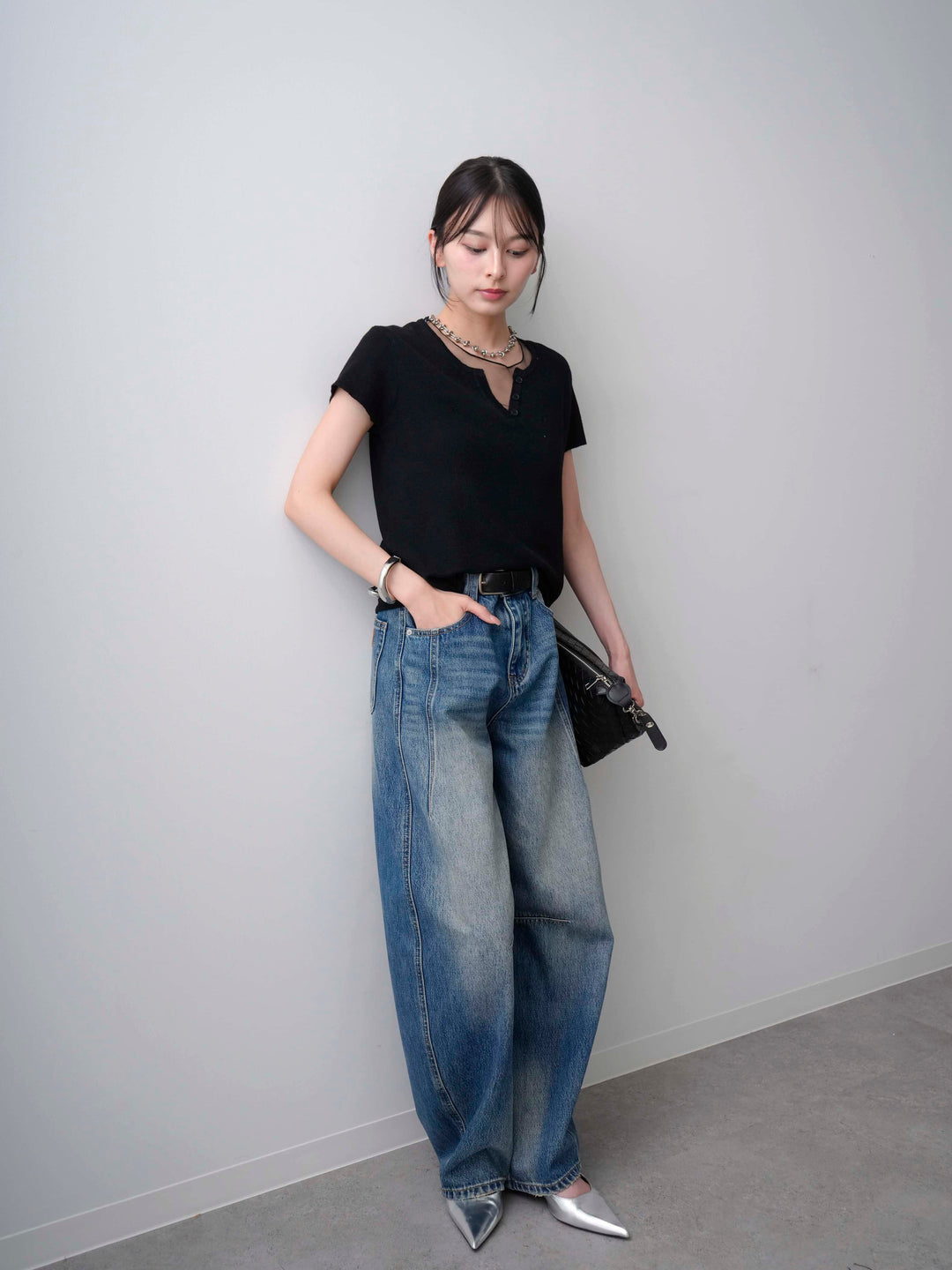 [SET]チュールレーヤードヘンリーフレンチニットトップス+立体カーブデニムパンツ(2set)