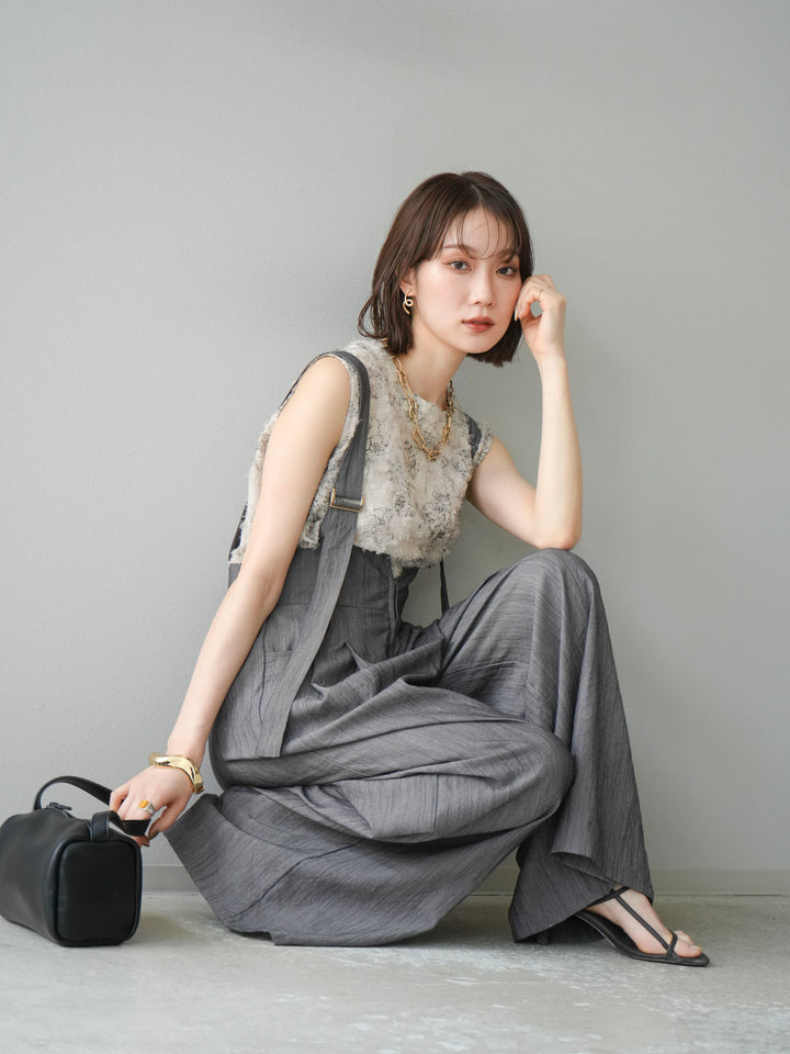 [SET]ストリングデザインハイウエストサロペット+ニュアンスフリンジジャガードノースリーブブラウス(2set)