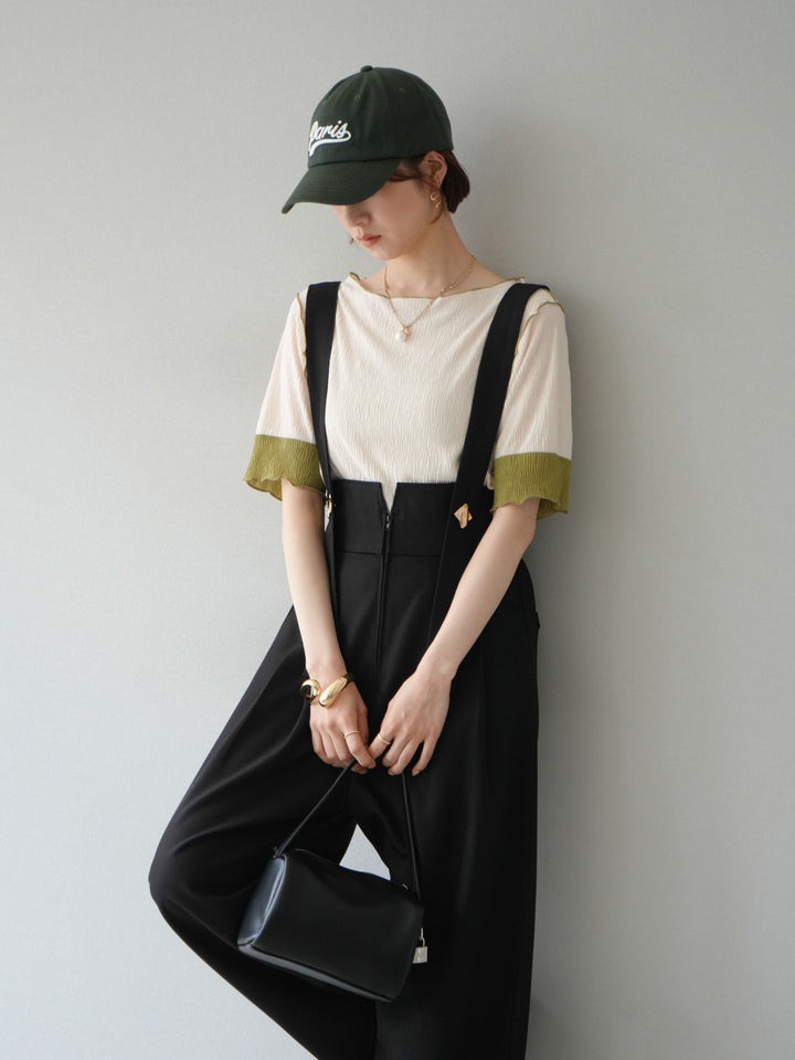 [SET]プリーツ配色ボートネックプルオーバー+ゴールドボタンサスペンダーワイドパンツ(2set)