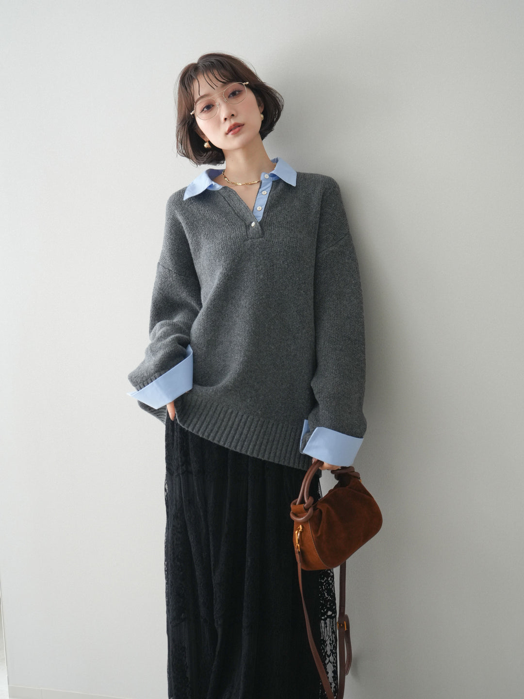 [予約]シャツドッキングオーバーニットプルオーバー/charcoalsax