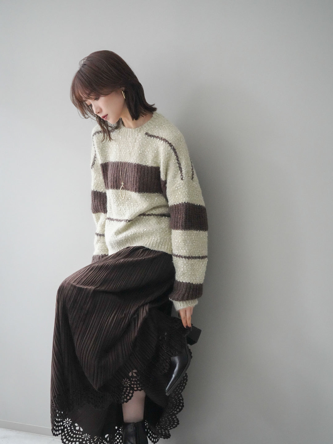 [予約]ネップヤーンボーダーニットプルオーバー/beige