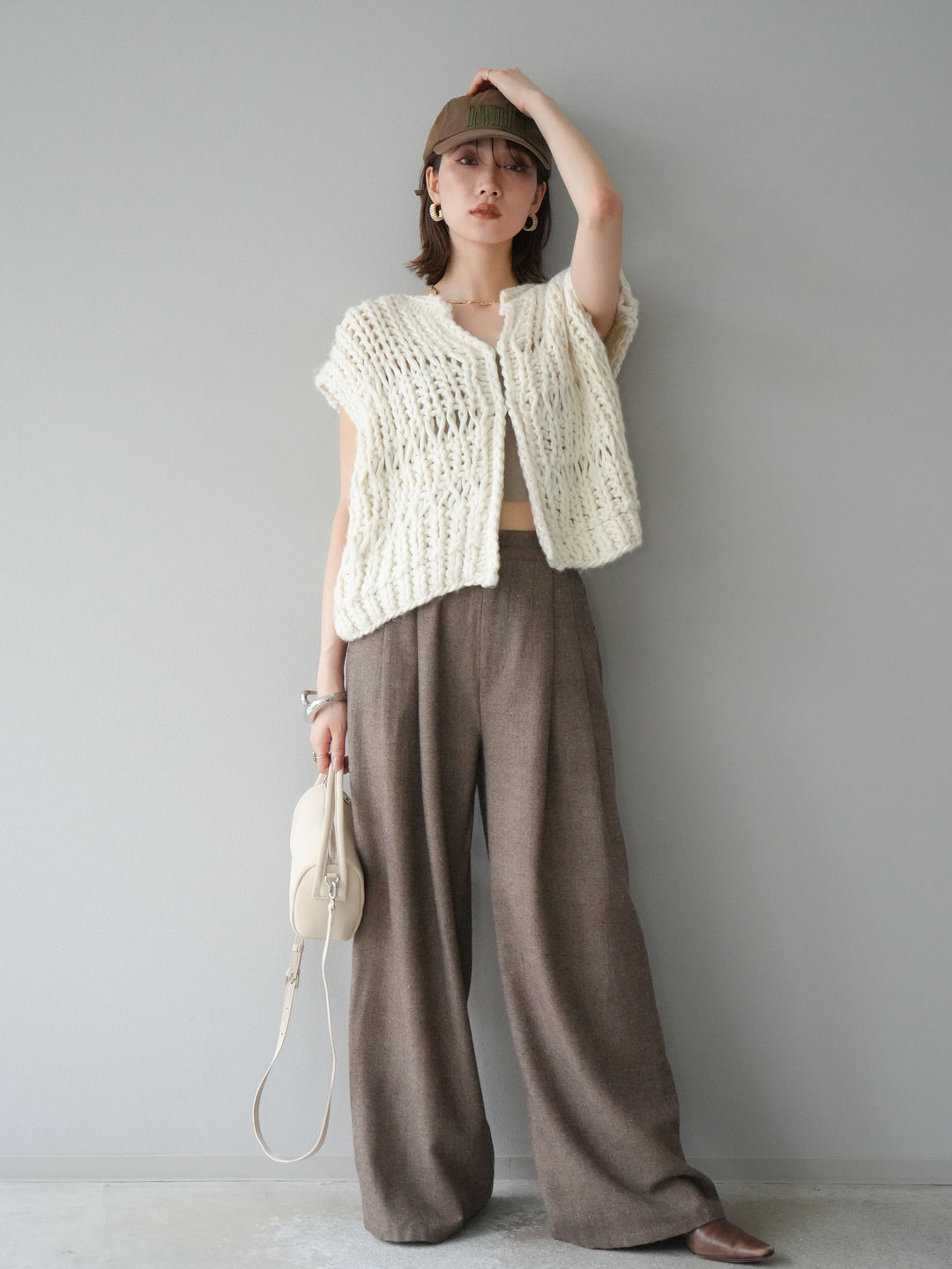 [SET] 手編繩結背心+粗花呢觸感褶皺寬褲（2件組）