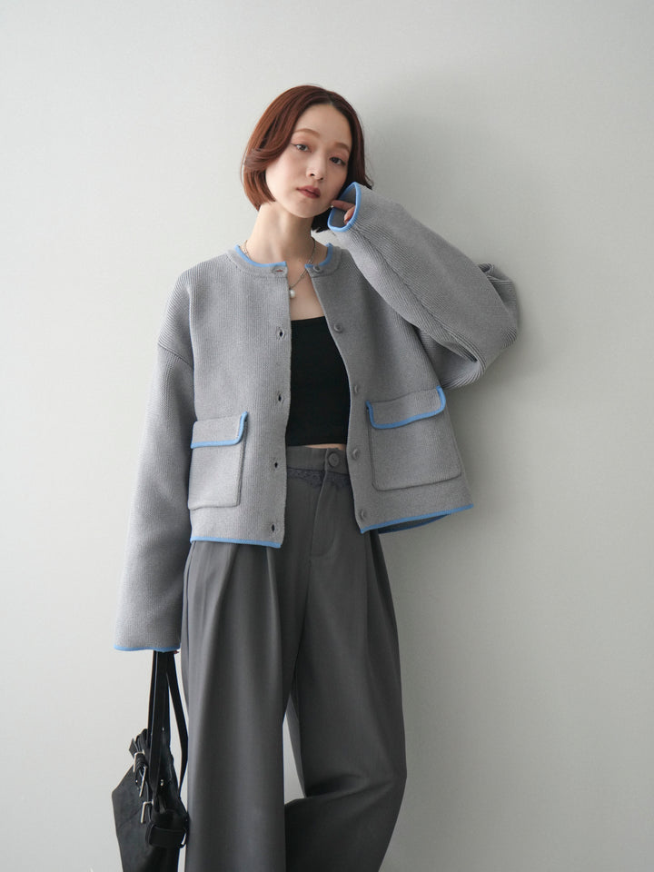 [SET]ポリエステル配色ニットカーディガン+ウエストレースタックワイドパンツ(2set)