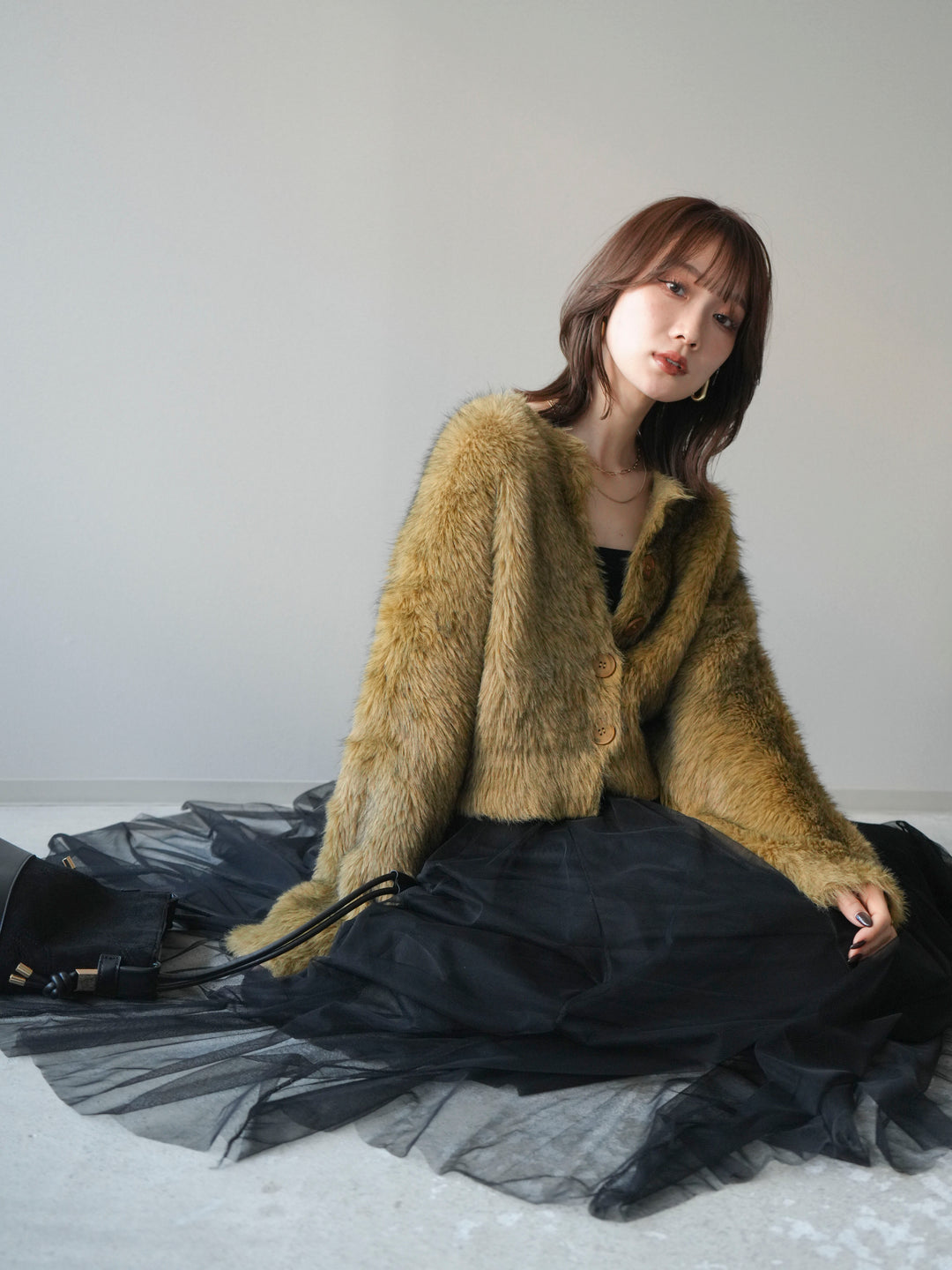 [予約]ミックスシャギーショートニットカーディガン/green