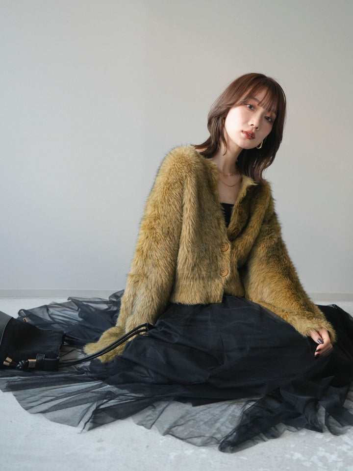 [予約]ミックスシャギーショートニットカーディガン/green