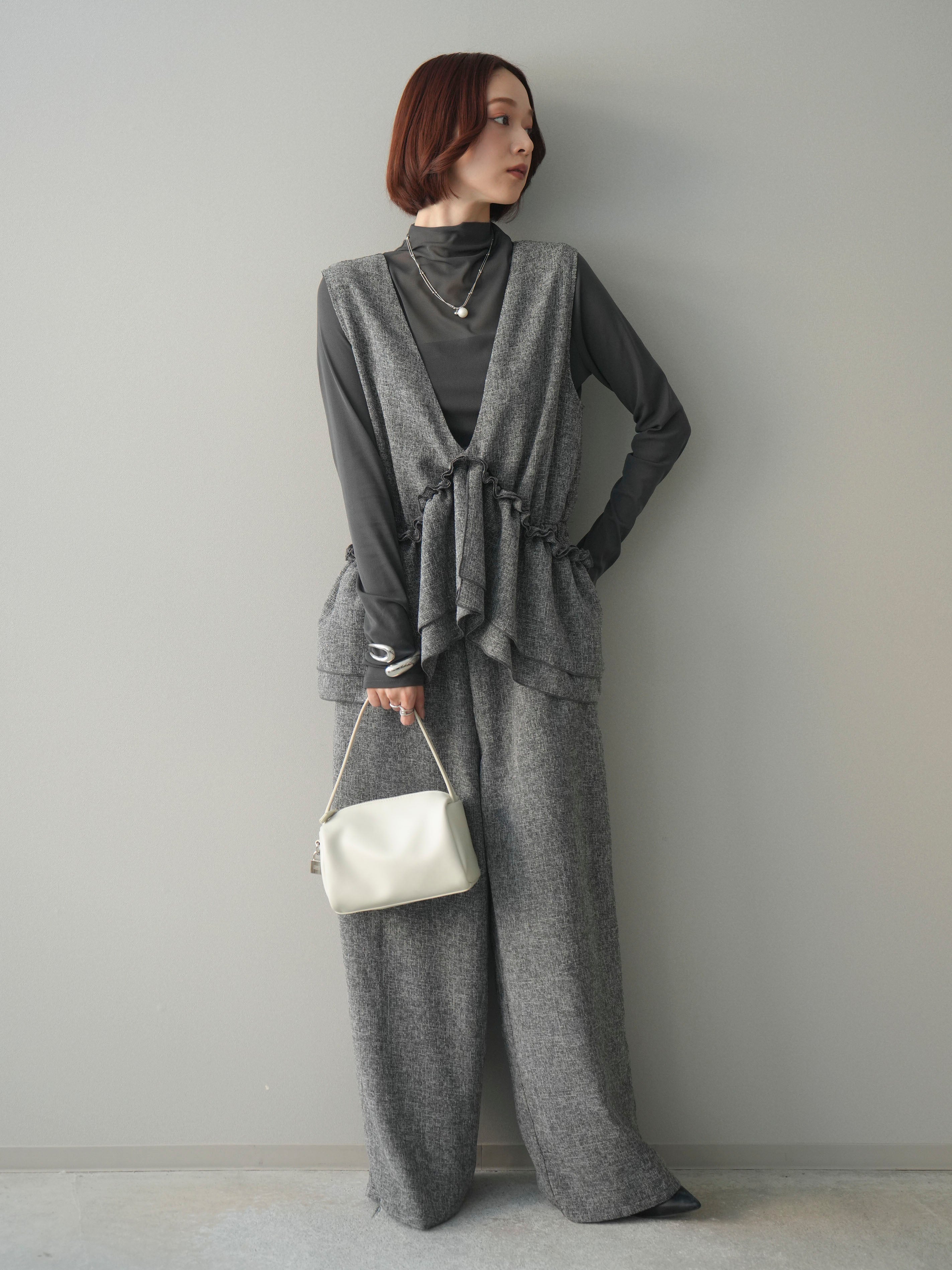 SET]3WAYミックスツイードギャザーオールインワン+シアープチネック