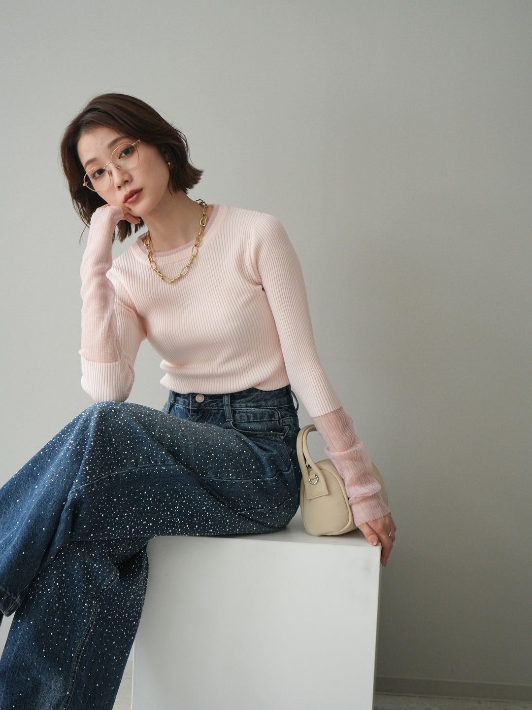 [予約]リブラメシアー切替リブニットトップス/pink