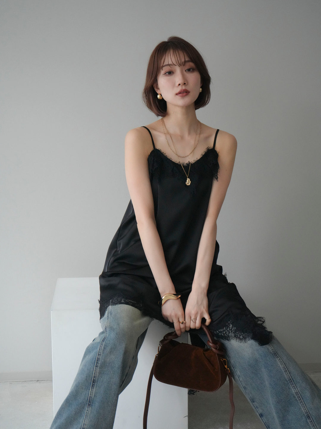 [SET]アシンメトリーサテンレースキャミソール+アシンメトリーサテンレースキャミソール(2set)