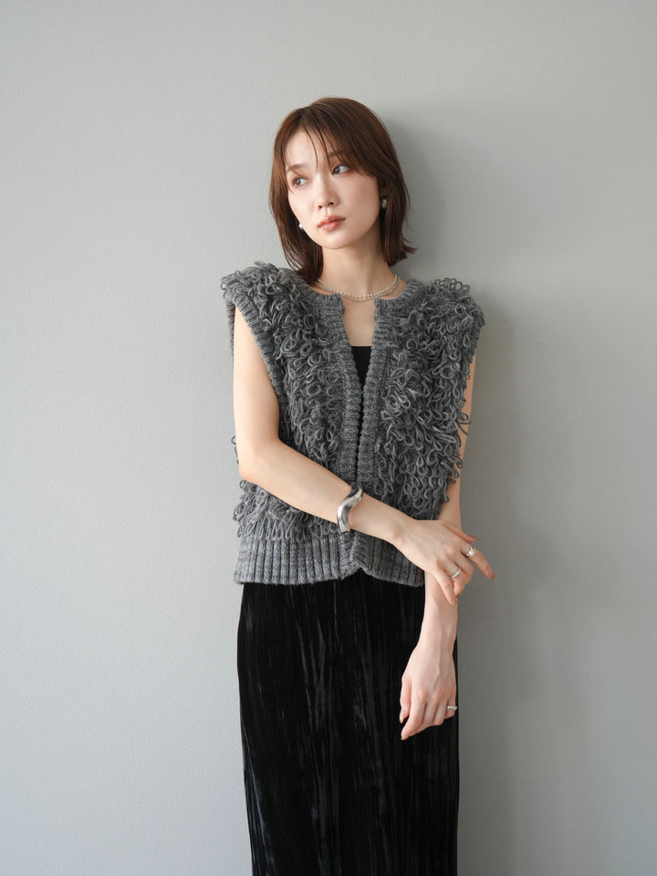 [SET]レザー襟オンブレチェックオーバーシャツ +ループデザインホックベスト +クラッシュベロアナロースカート(3set)