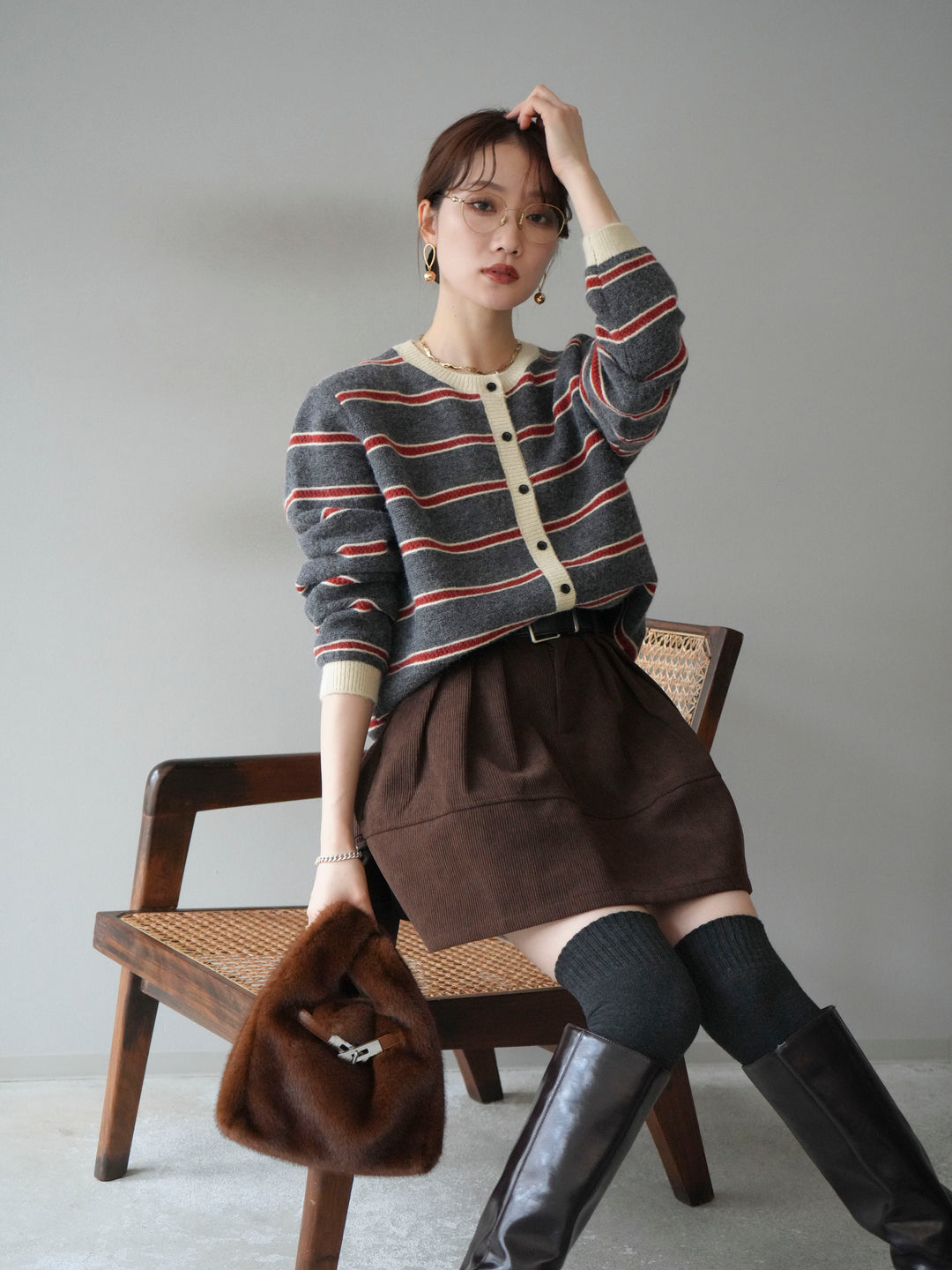 [予約]配色ボーダーニットカーディガン/gray