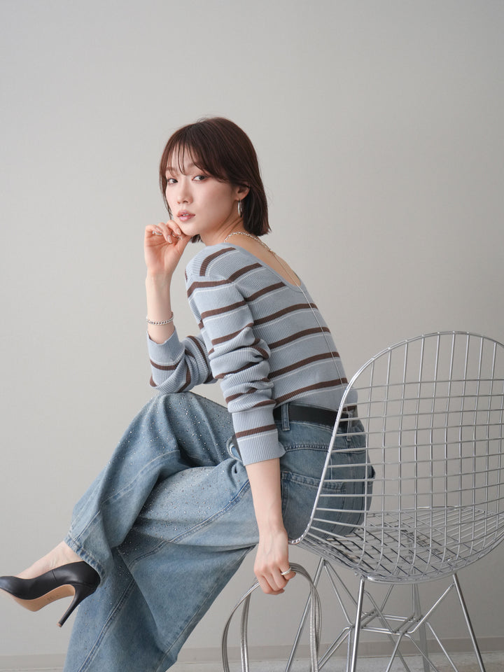 [予約]バックオープンテレコリブマルチボーダートップス/blue