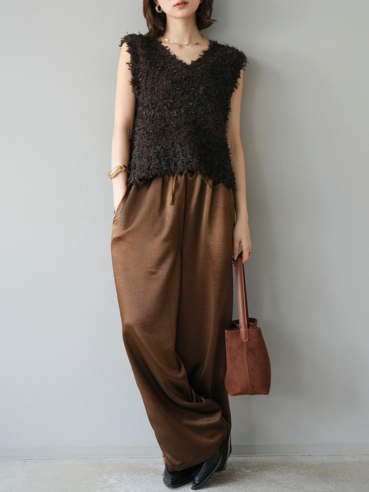 [予約]サテンラインワイドパンツ/ブラウン