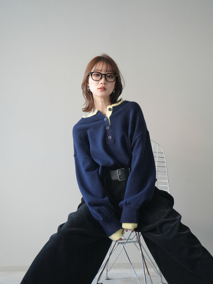 [予約]ヘンリーネック配色レイヤードニットプルオーバー/navy