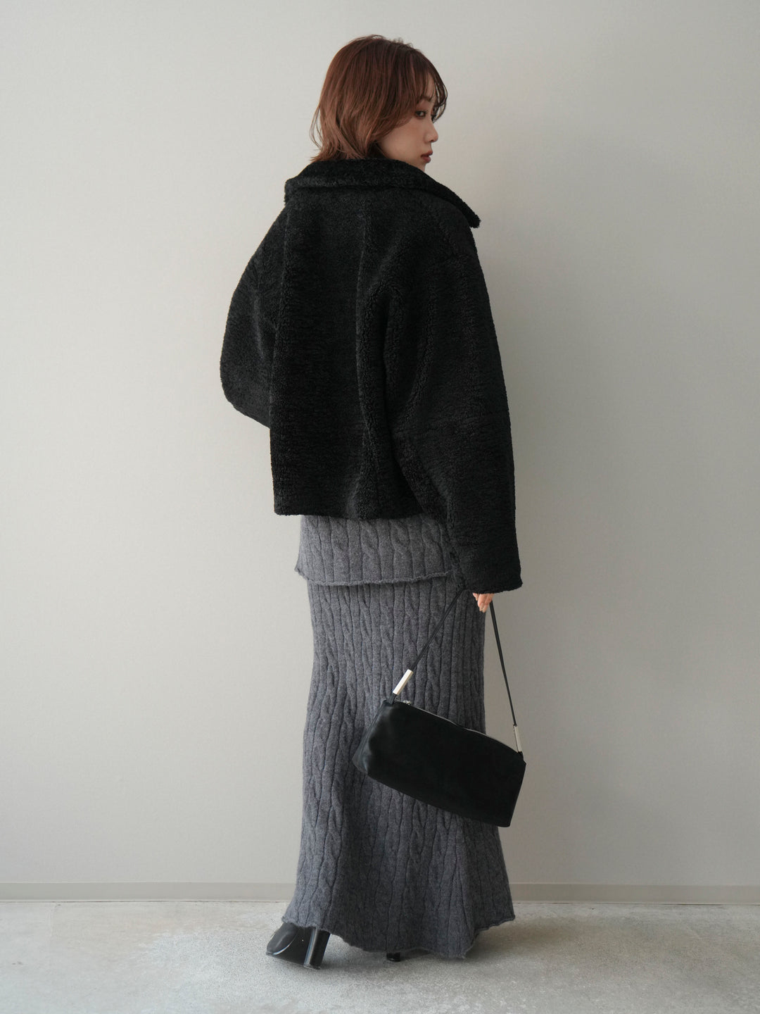 [SET]エコファーステンカラージャケット+ストール付ケーブルニットプルオーバー&ロングスカートSET UP(2set)