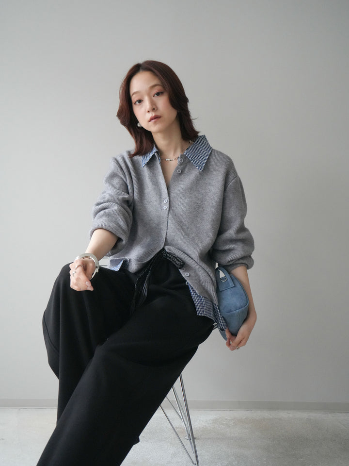 [SET]チェックシャツ襟ニットカーディガン+編み込みベルト付きウエスト配色スエットパンツ(2set)