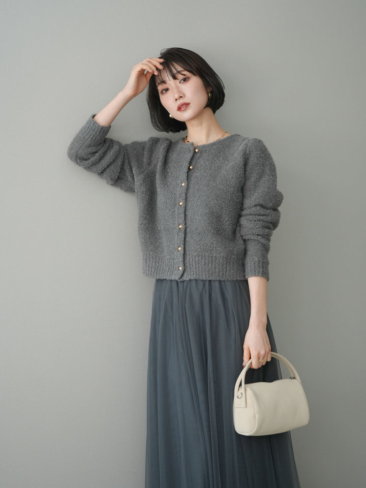 [SET]ゴールドボタンブークレニットカーディガン+チュールボリュームスカート(2set)