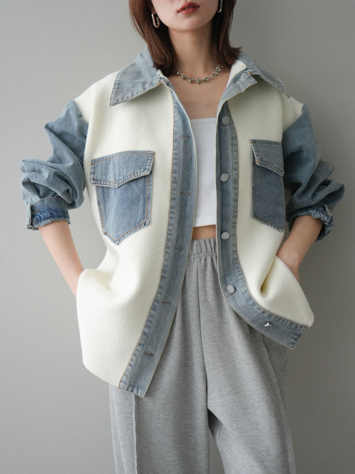 [予約]デニム襟ダブルフェイスニットカーディガン/white