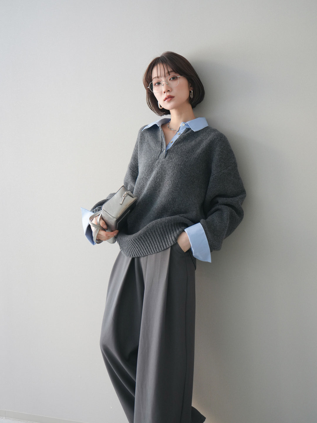 [予約]シャツドッキングオーバーニットプルオーバー/charcoalsax