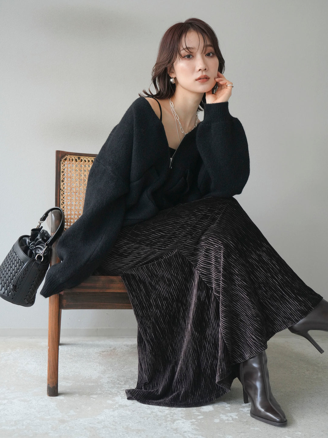 [予約]BIGポケットジップニットカーディガン/black