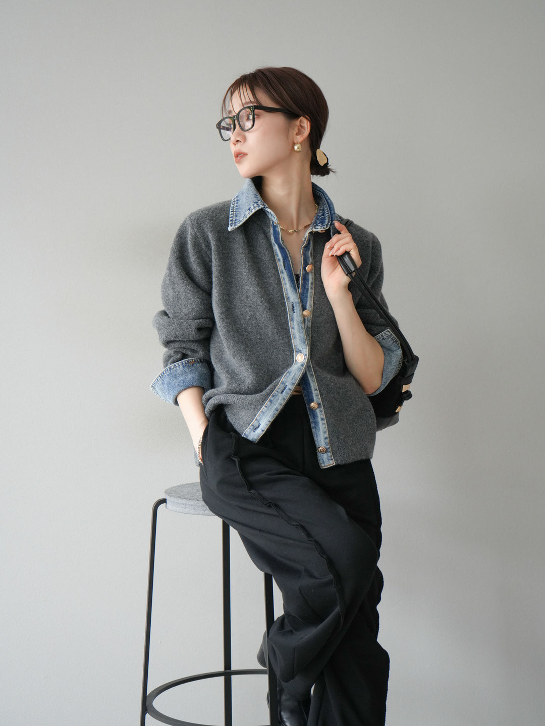 【着回しセット】[SET]デニム襟ボタンニットカーディガン+デニム襟ボタンニットカーディガン+2WAYデザインスウェットパンツ(3set)