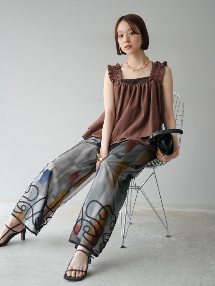[SET] 縮肩喇叭背心 + 水彩藝術休閒褲 + 繩繡薄紗疊穿褲 (3 件套)